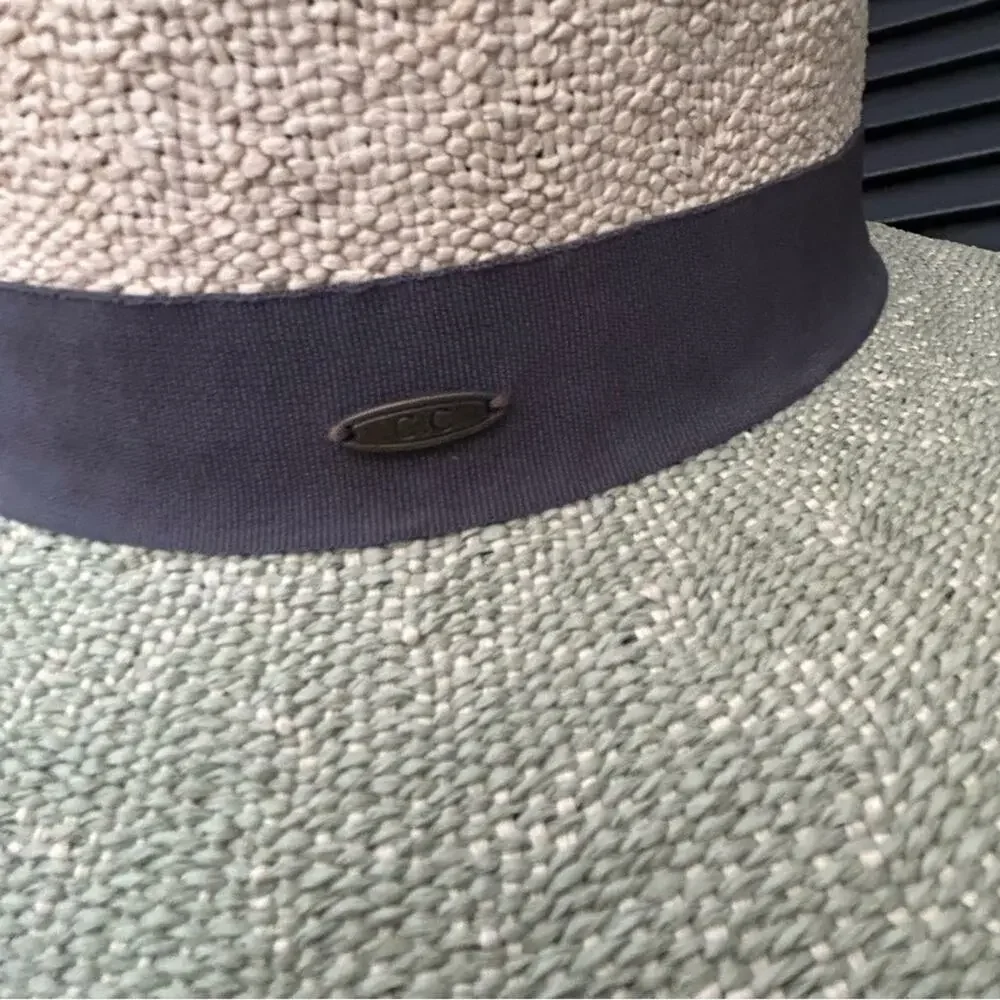 C.C 100% Paper Wide Brim TwoToned Hat, Raffia Flowers on Gray Band Cream & Green